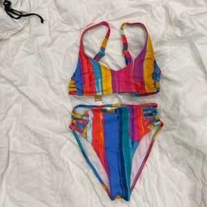 Rainbow high waisted bikini with strappy detail